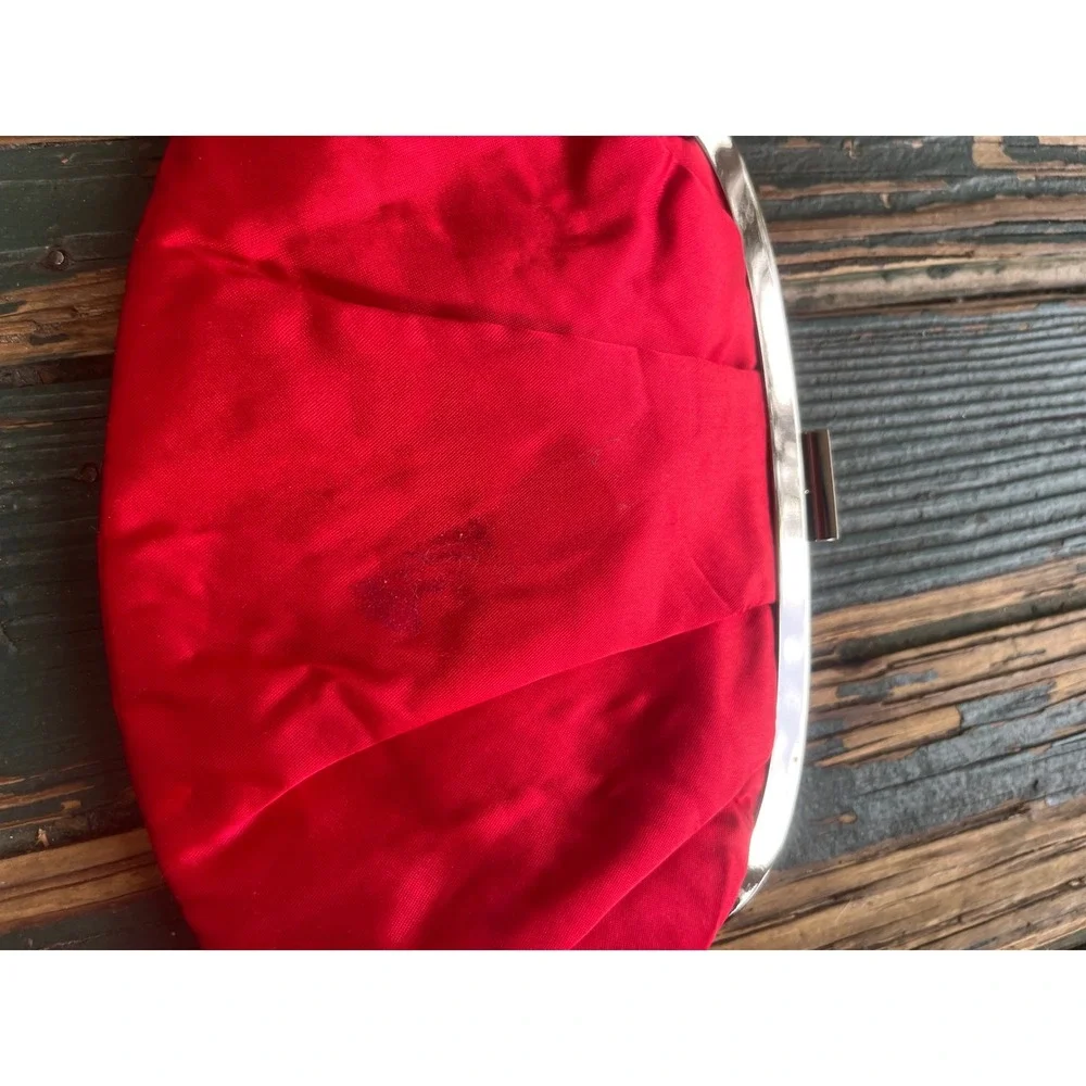 Vintage Red Satin Pleated Evening Clutch Bag Silver Frame Formal Handbag